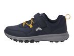 A single navy blue and grey hiking shoe with yellow laces and a velcro strap.