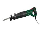Green and black reciprocating saw with a metal blade, angled view.