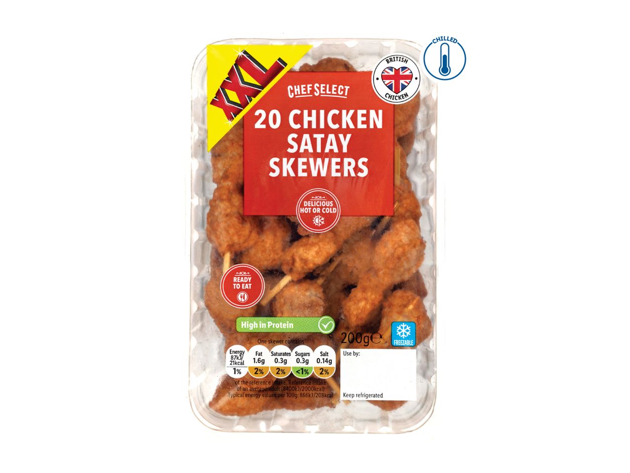 Chef Select 20 Chicken Satay Skewers, XXL pack, chilled and freezable.
