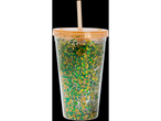 Glitter tumbler with lid, straw, green and gold accents.