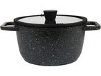 A black Casserole Dish with a glass lid and black handles.