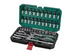 A green and black socket wrench set in a plastic carrying case.