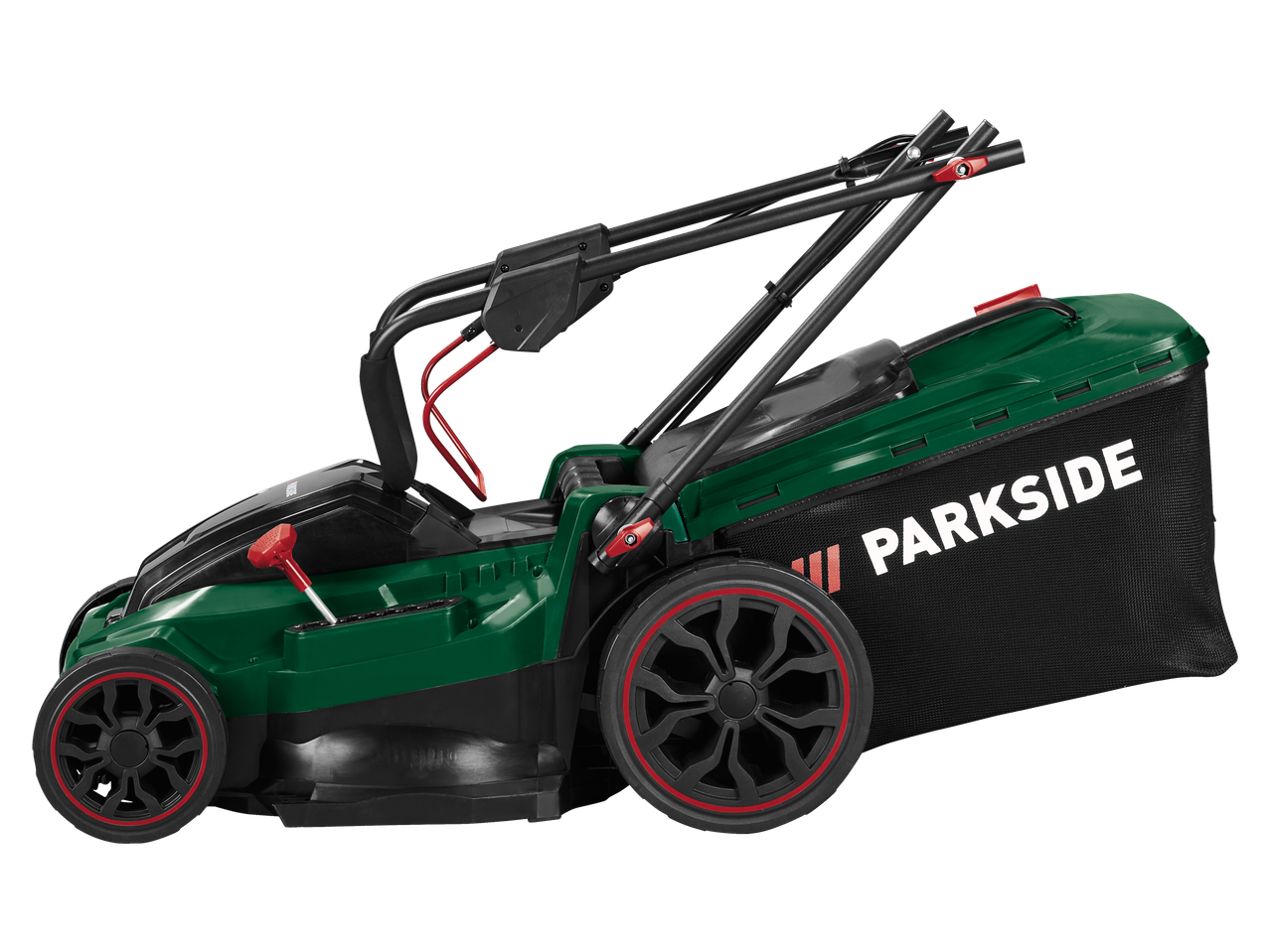 Parkside® 40V Cordless Lawn Mower, green and black with red accents, side view.
