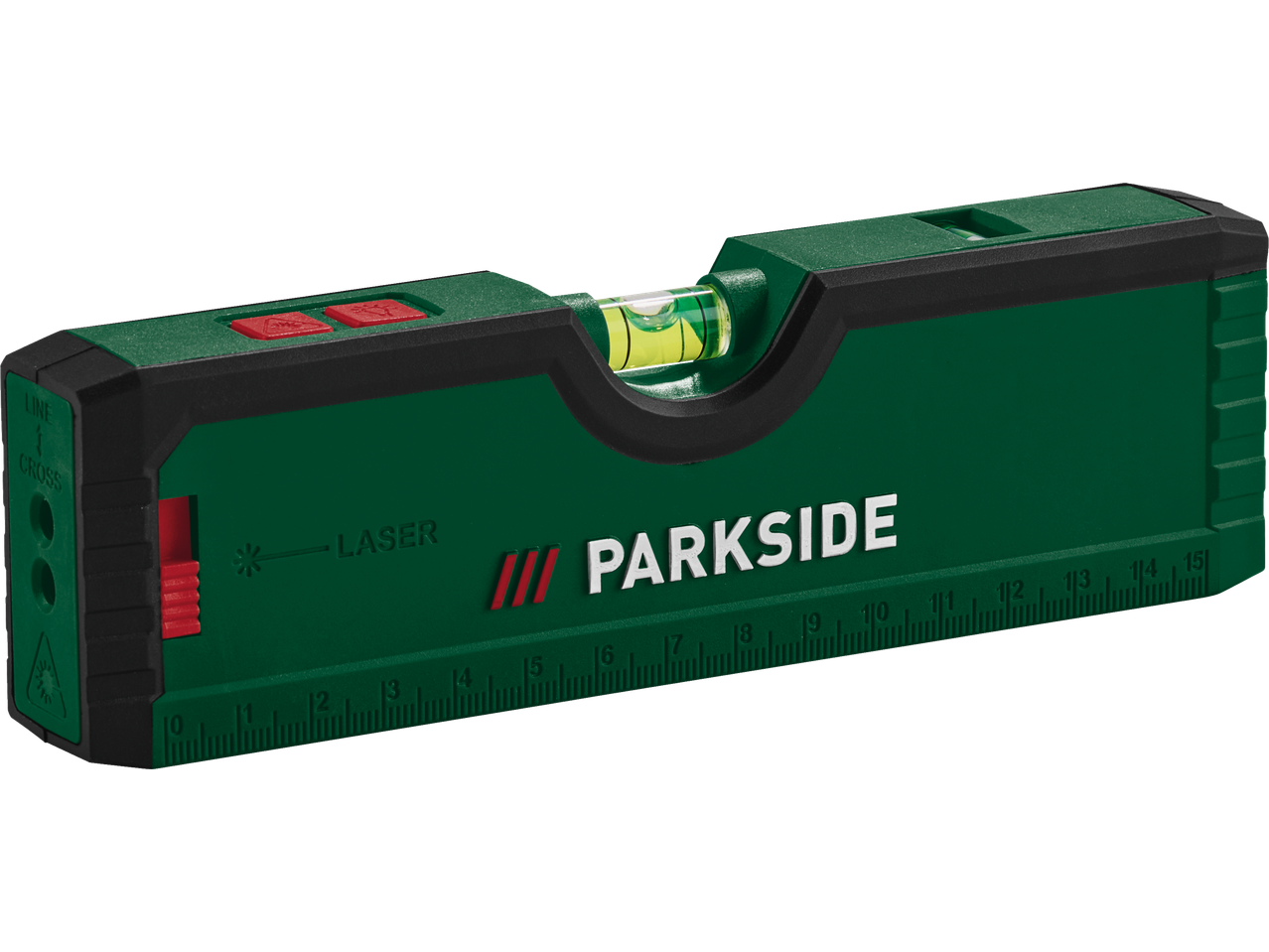 Parkside gulsčiukas su lazerio indikatoriumi ir integruota liniuote.