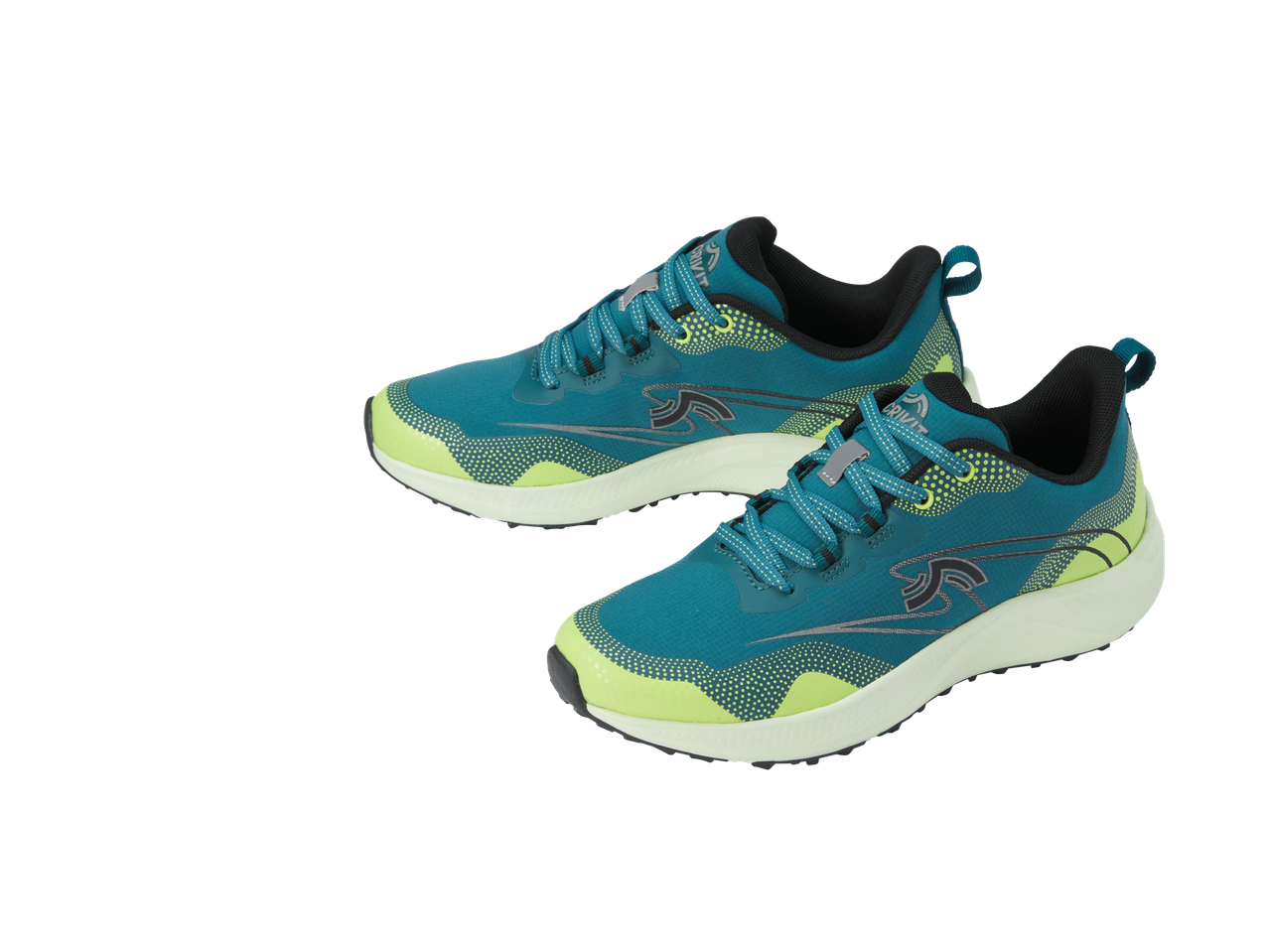 CRIVIT Laufschuhe: Paar türkiissiniseid ja laimirohelisi jooksujalatseid mustade detailidega.