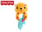 Yellow bear-shaped baby rattle with a blue fish teether, on a white background.