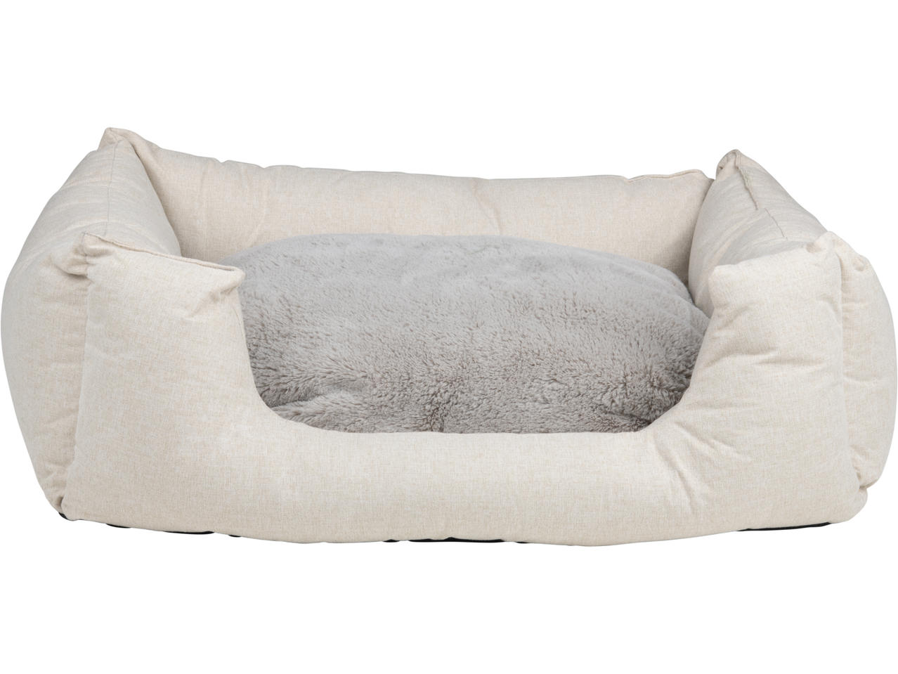Cama para cachorro bege com uma almofada cinza.