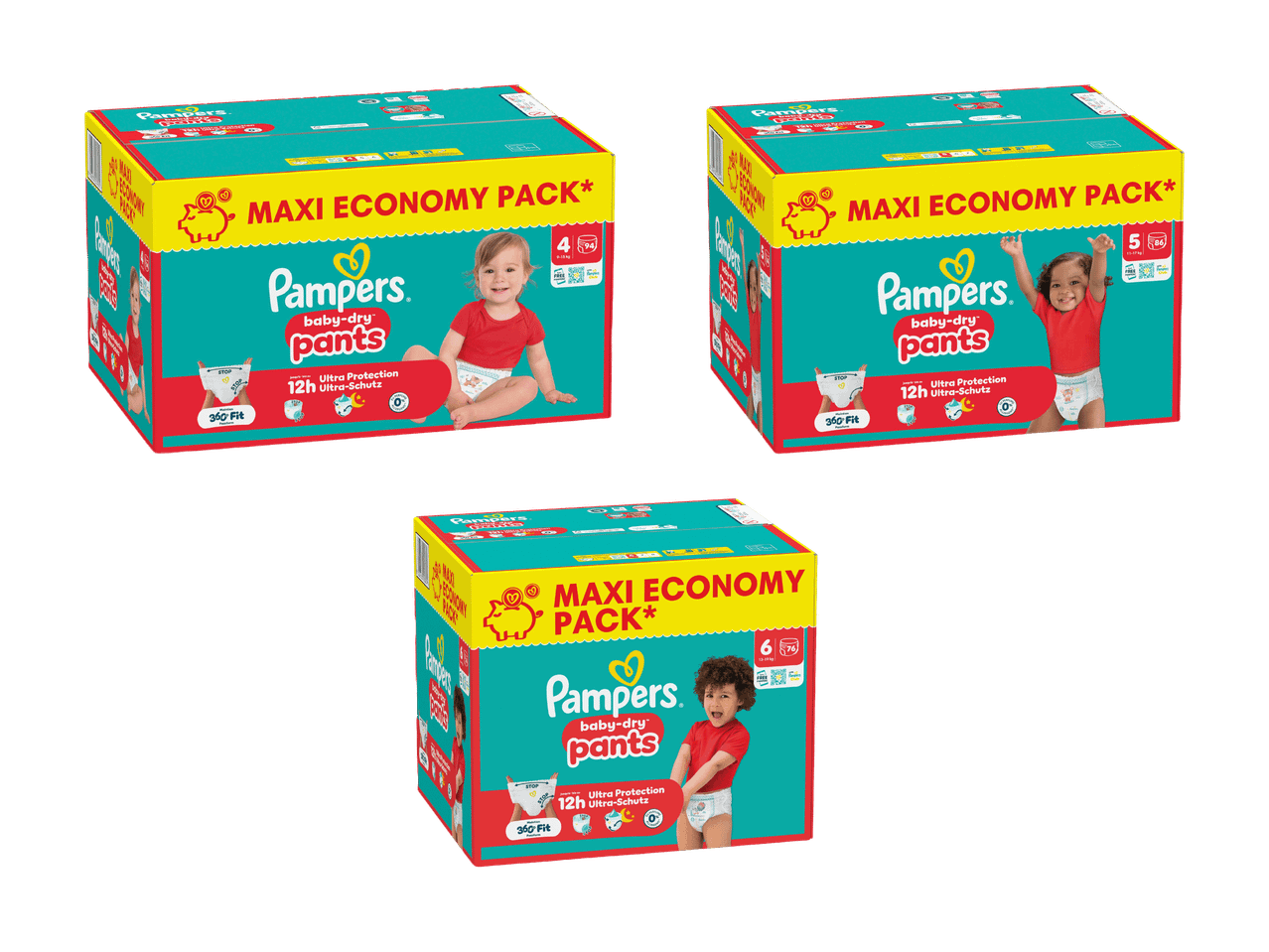 Drei Maxi Economy Packungen Baby-Windelhöschen, Größen 4, 5 und 6, mit 12h Schutz.