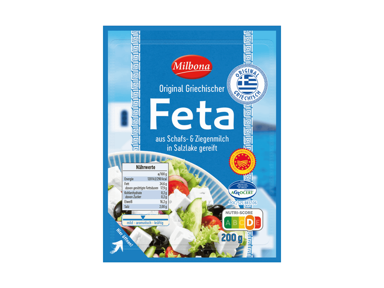Milbona Original Griechischer Feta aus Schafs- & Ziegenmilch in Salzlake gereift, 200g