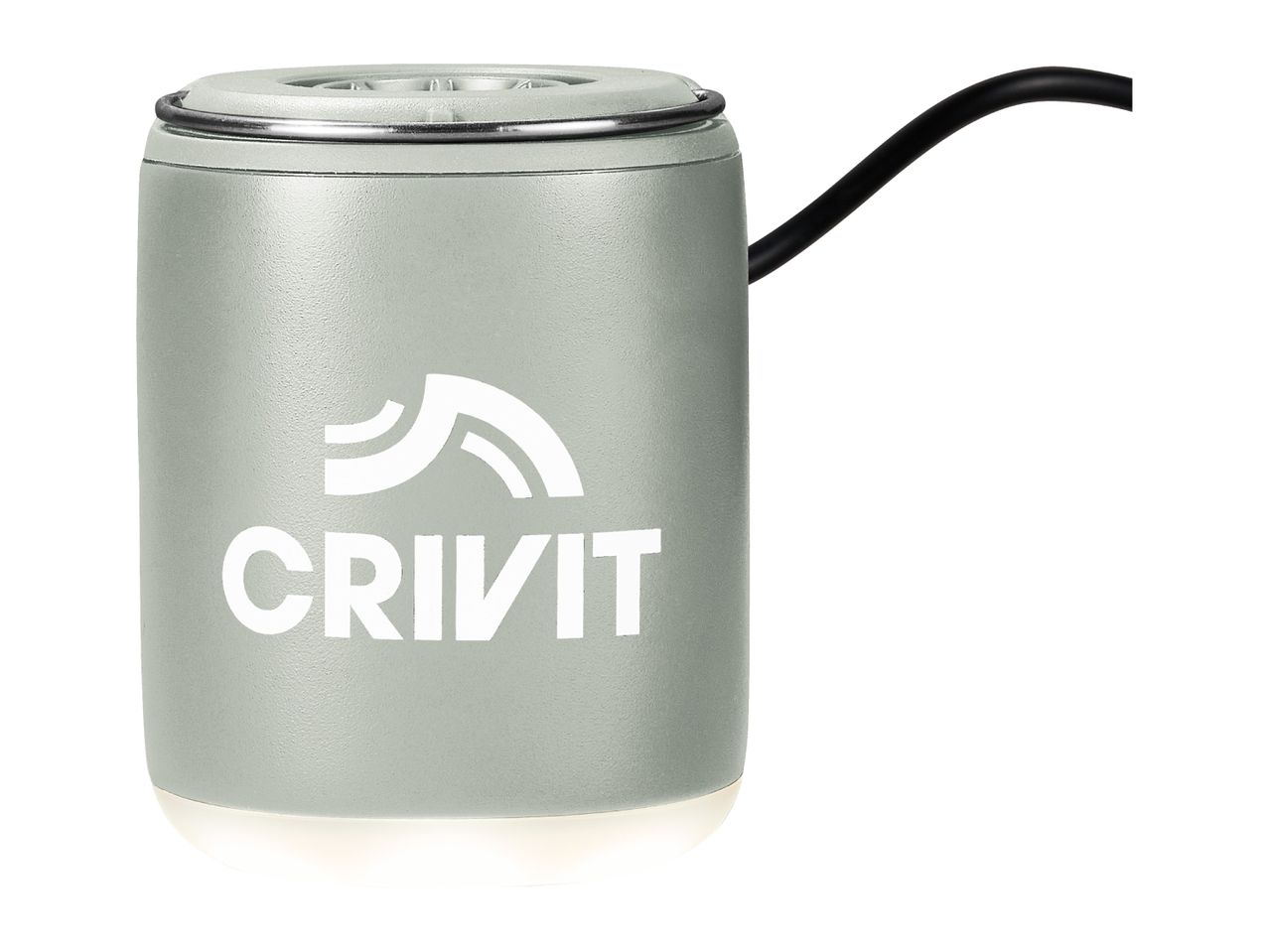 A Crivit branded sage green car air freshener with a black cord.