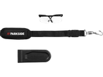 Safety glasses, shoulder strap, and protective cap for a Parkside pole saw.