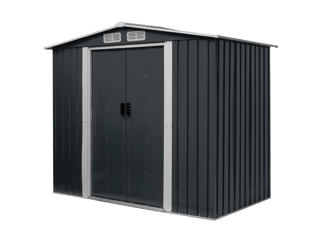 Dark grey metal garden shed with double doors and vents on a white background.
