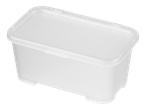 Recipiente de plástico branco com tampa.