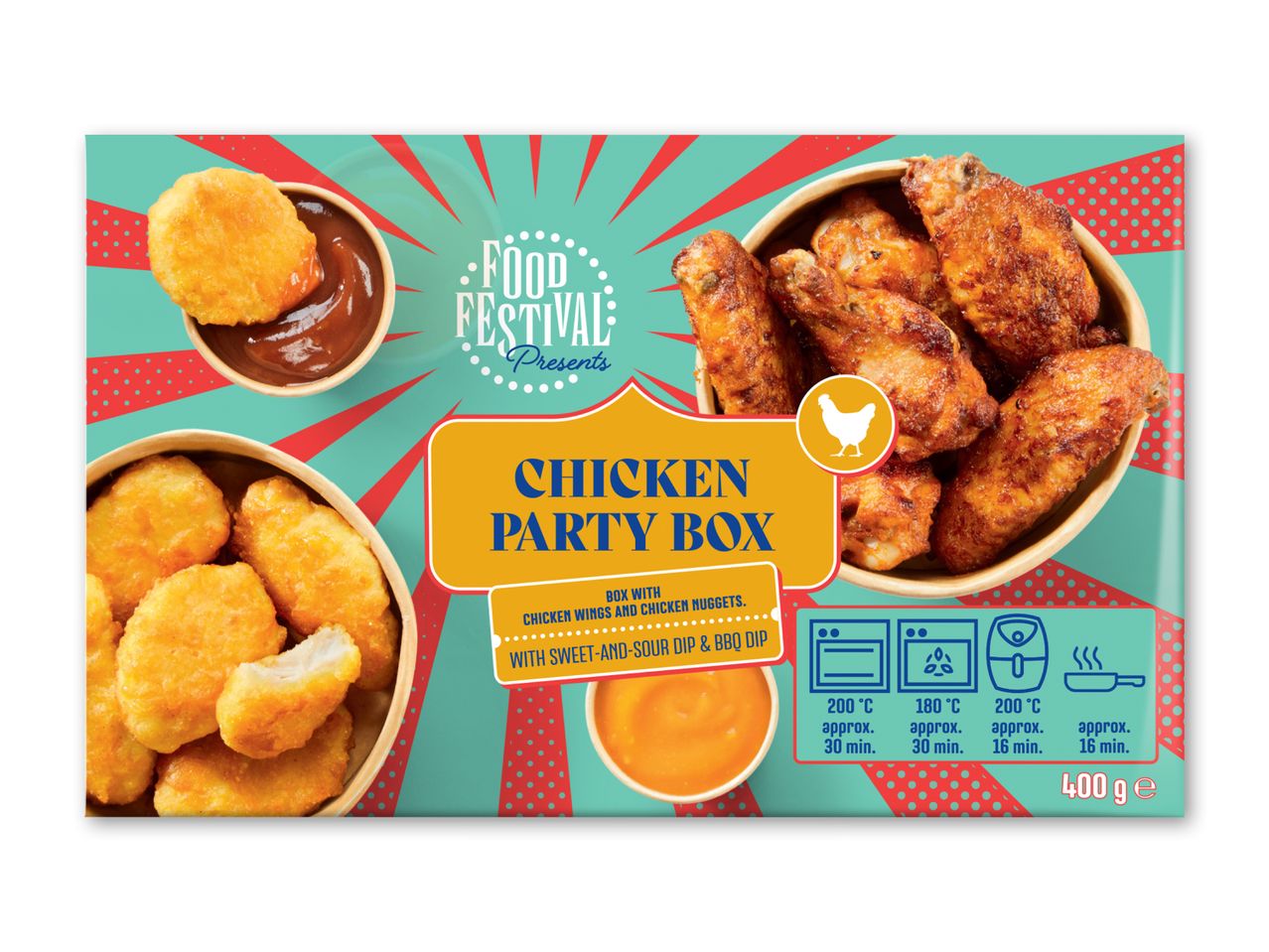 Kyllingefestboks med kyllingevinger, nuggets og dips, med tilberedningsinstruktioner og vægt på 400g.