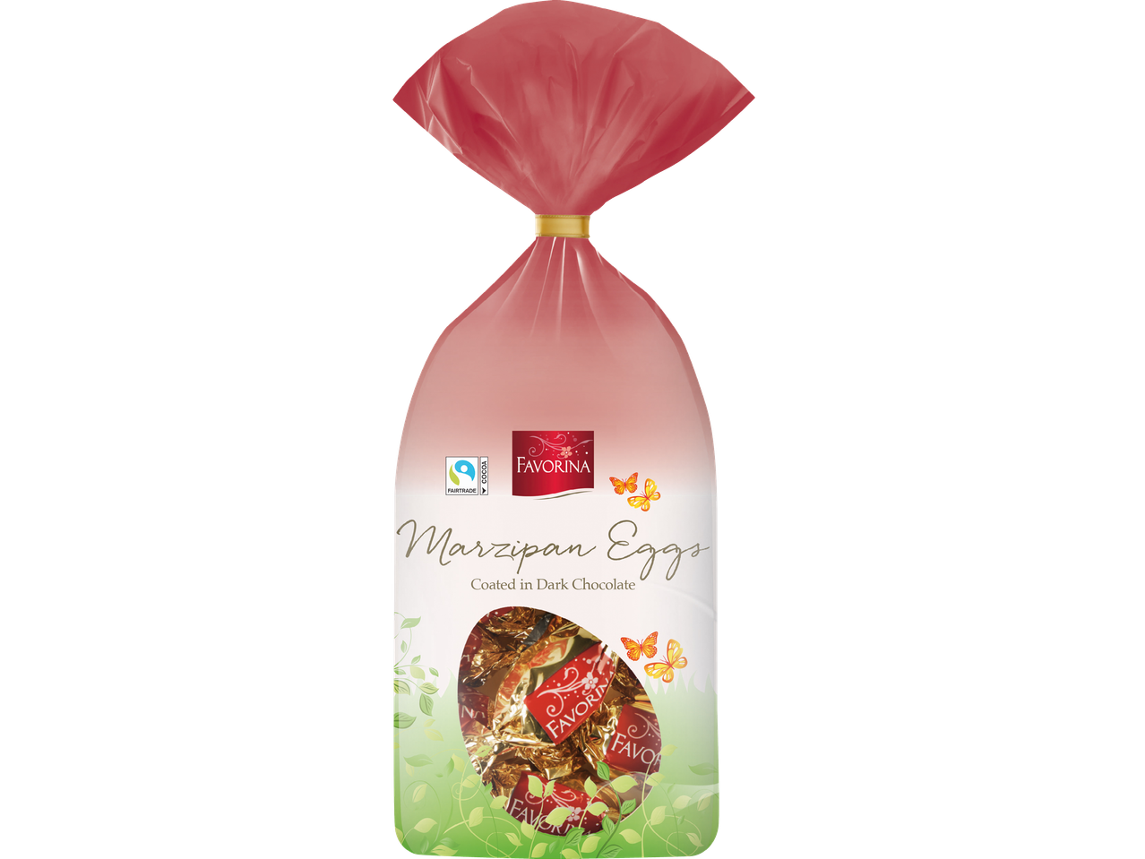 Påse med marsipanägg täckta med mörk choklad, med Fairtrade- och kakaologotyper.