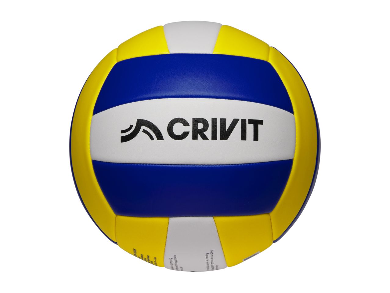 Blue, yellow, and white volleyball with the text 'CRIVIT' on a white stripe