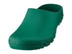 Single green gardening clog with a textured surface, viewed from an angle.