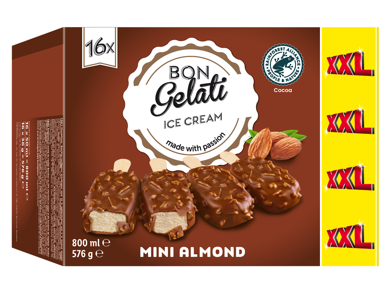 Doos met 16 mini-amandelijsjes, 800 ml / 576 g, met Rainforest Alliance-logo.