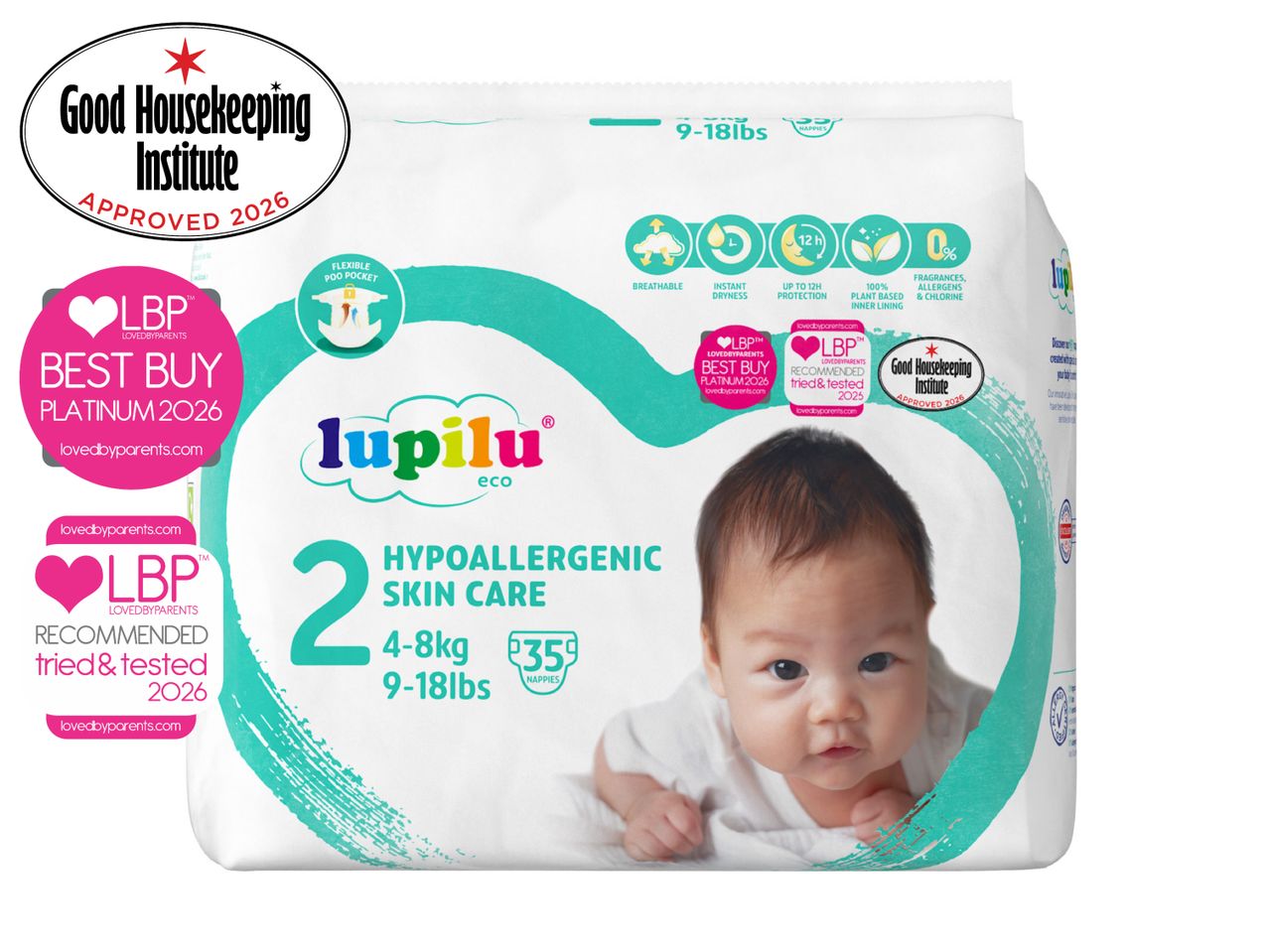 Lupilu Eco Hypoallergenic Skin Care Nappies, size 2 for 4-8kg (9-18lbs), 35 nappies per pack.