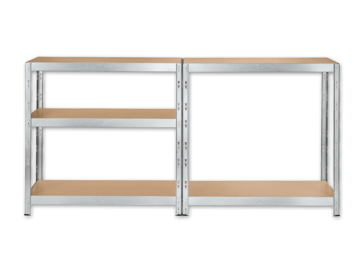 Zwei modulare Metallregale mit Holzbrettern, die nebeneinander stehen.