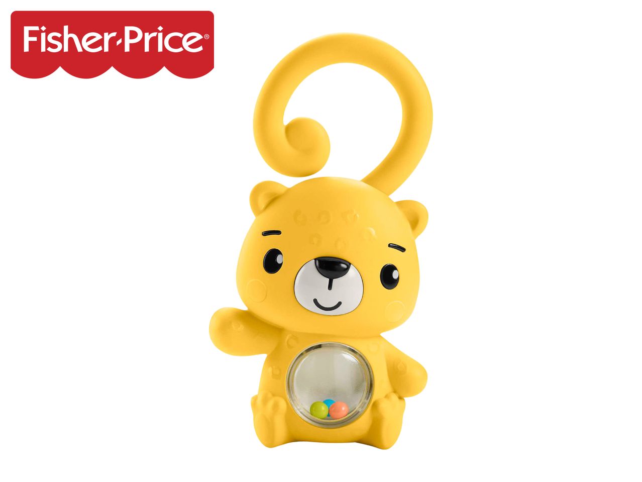 Yellow bear-shaped baby rattle with a curly handle and colorful beads inside.