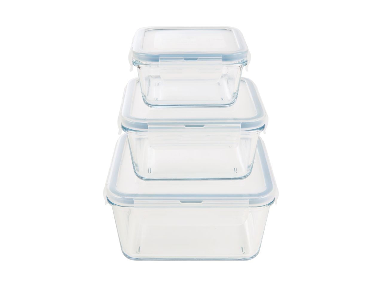 Sæt med tre firkantede plastikopbevaringsbeholdere med låg.