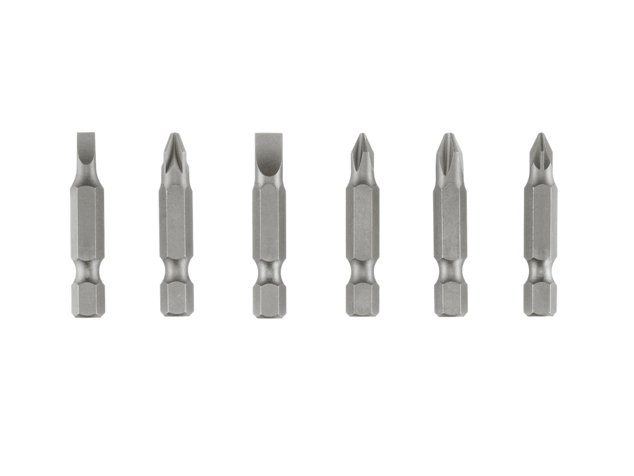 Hat darab csavarhúzó bit, különböző fejekkel, fekete háttér előtt.