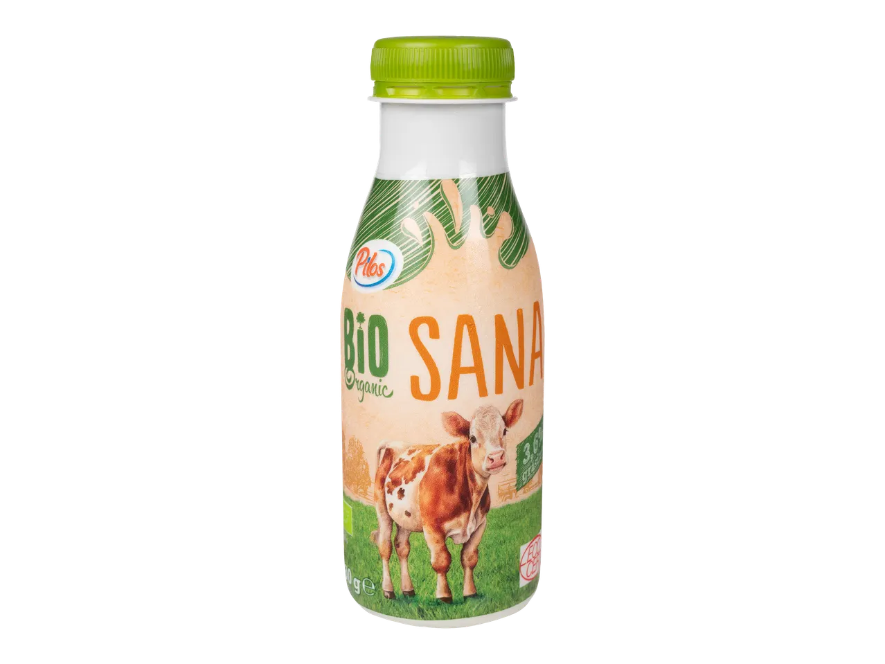 Pilos Bio Sana Organic, băutură din lapte cu o vacă pe etichetă