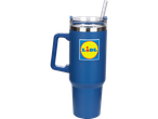 Blue Lidl branded travel mug with straw.