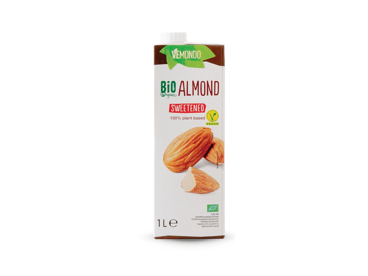 Pakiranje biljnog napitka s okusom badema marke Vemondo.