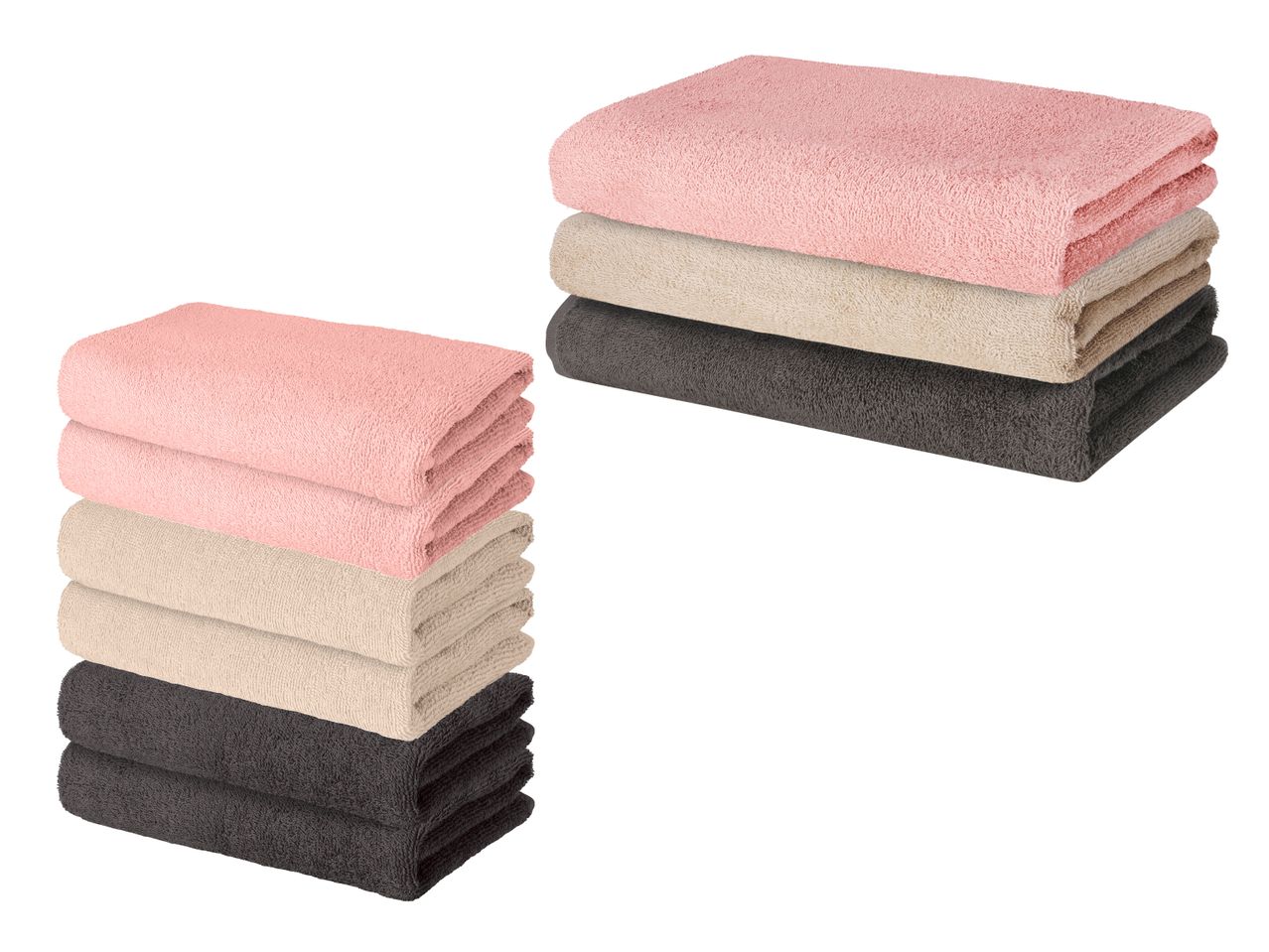 Zwei Stapel Handtücher in Rosa, Beige und Anthrazit.