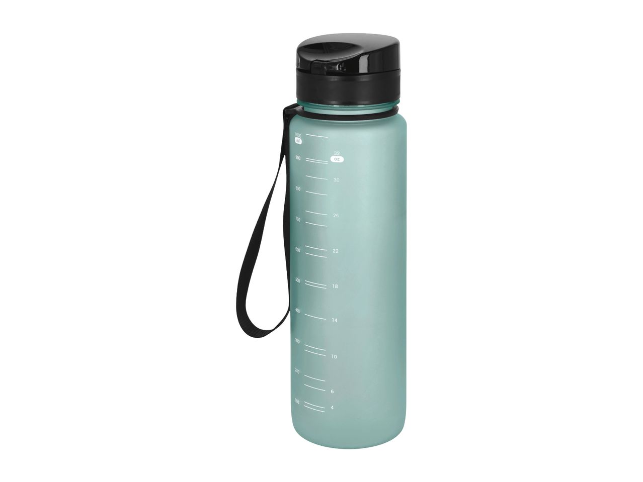 Light green water bottle with a black lid and strap, featuring volume measurements in ml and oz.