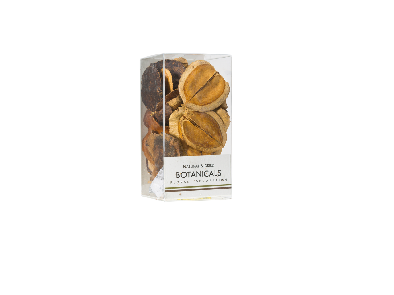 Džiovintos botaninės dekoracijos skaidrioje dėžutėje, su tamsiais ir šviesiai rudais elementais.