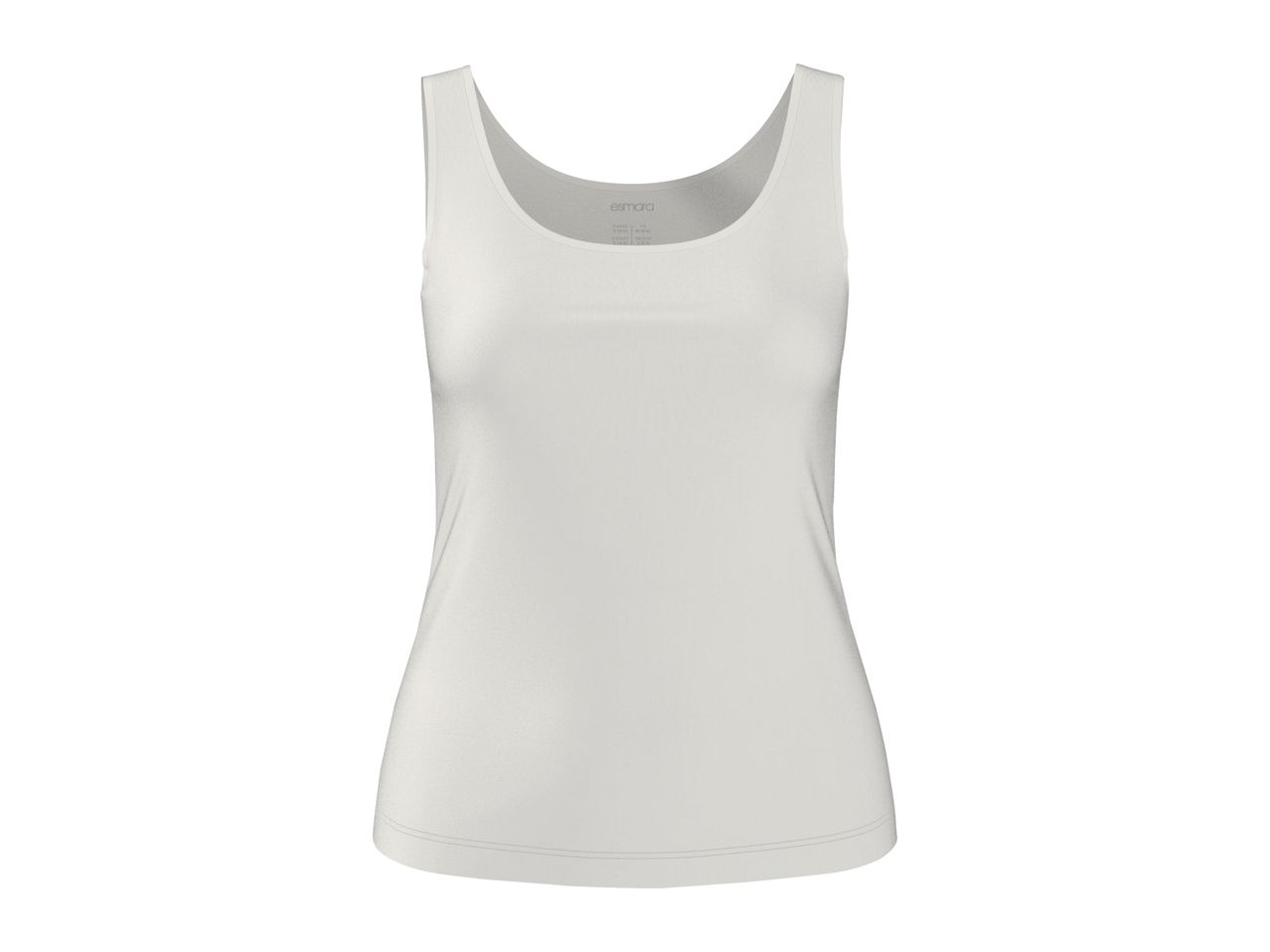 White women's tank top with a scoop neck and size label visible.