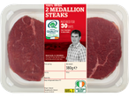 Pack of 2 Irish beef medallion steaks with a red and white label featuring a farmer.