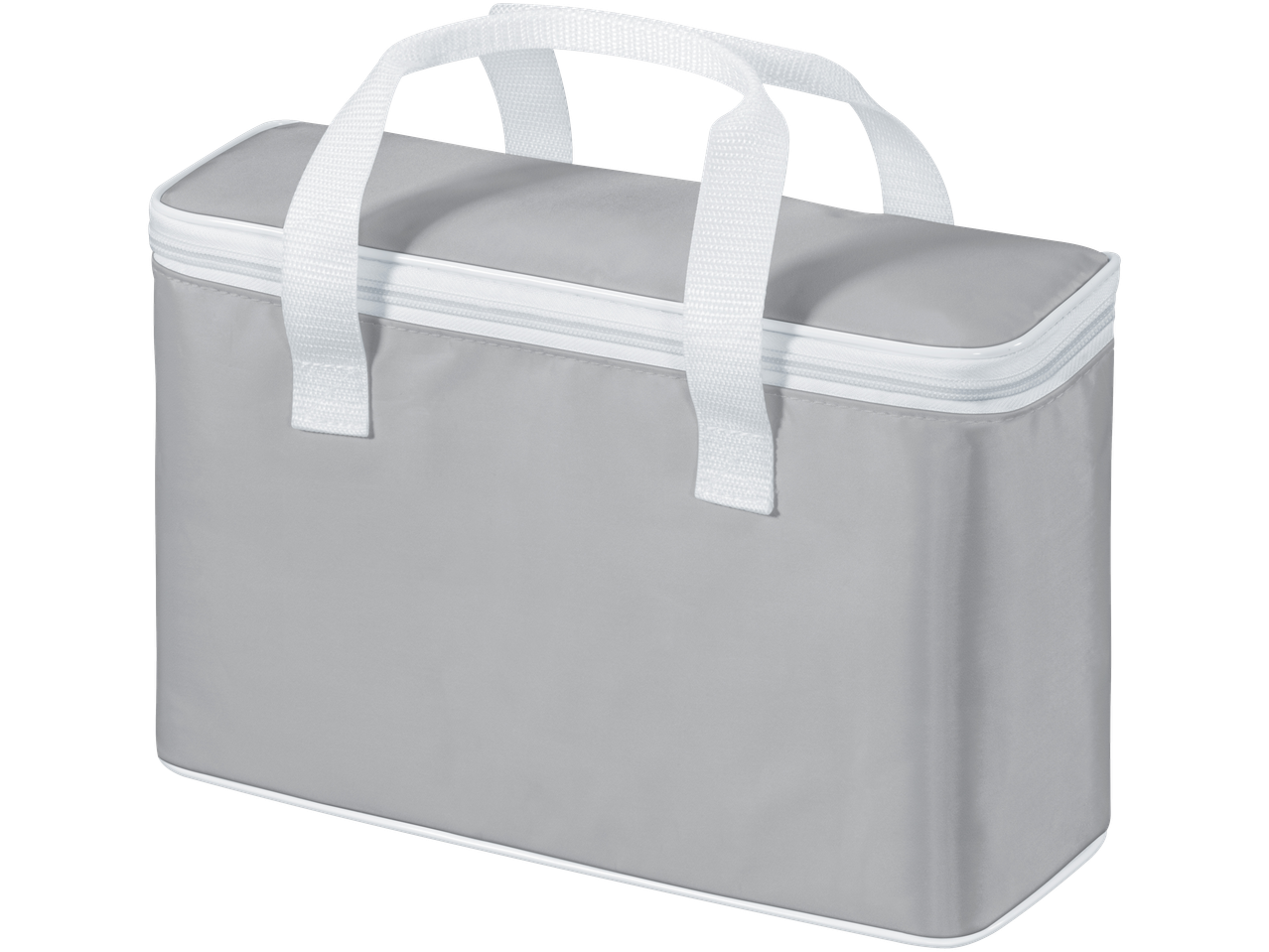 Pilkas šaltkrepšis su baltomis rankenomis ir užtrauktuku