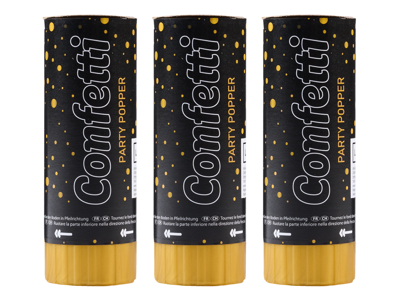 Trīs melnu Confetti ballīšu šāvēju komplekts ar zelta punktiem.
