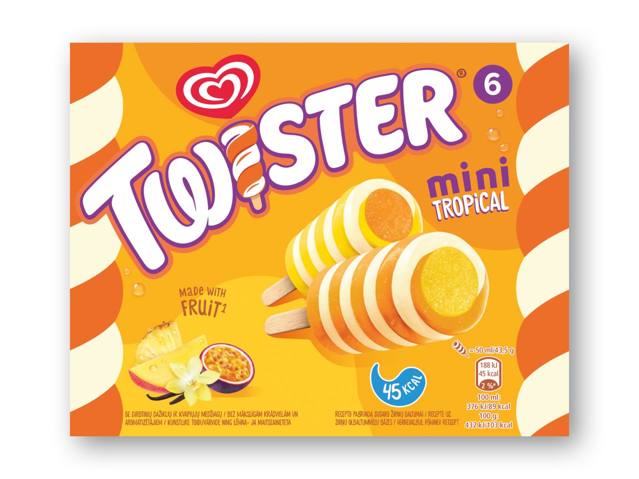 En pakke med seks Twister Mini Tropical ispinde.