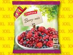 Пакет Freshona Berry mix (1 кг) замразени горски плодове на жълт фон с надпис XXL.