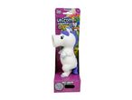White unicorn toy popper in packaging, with text indicating it's for ages 5+.