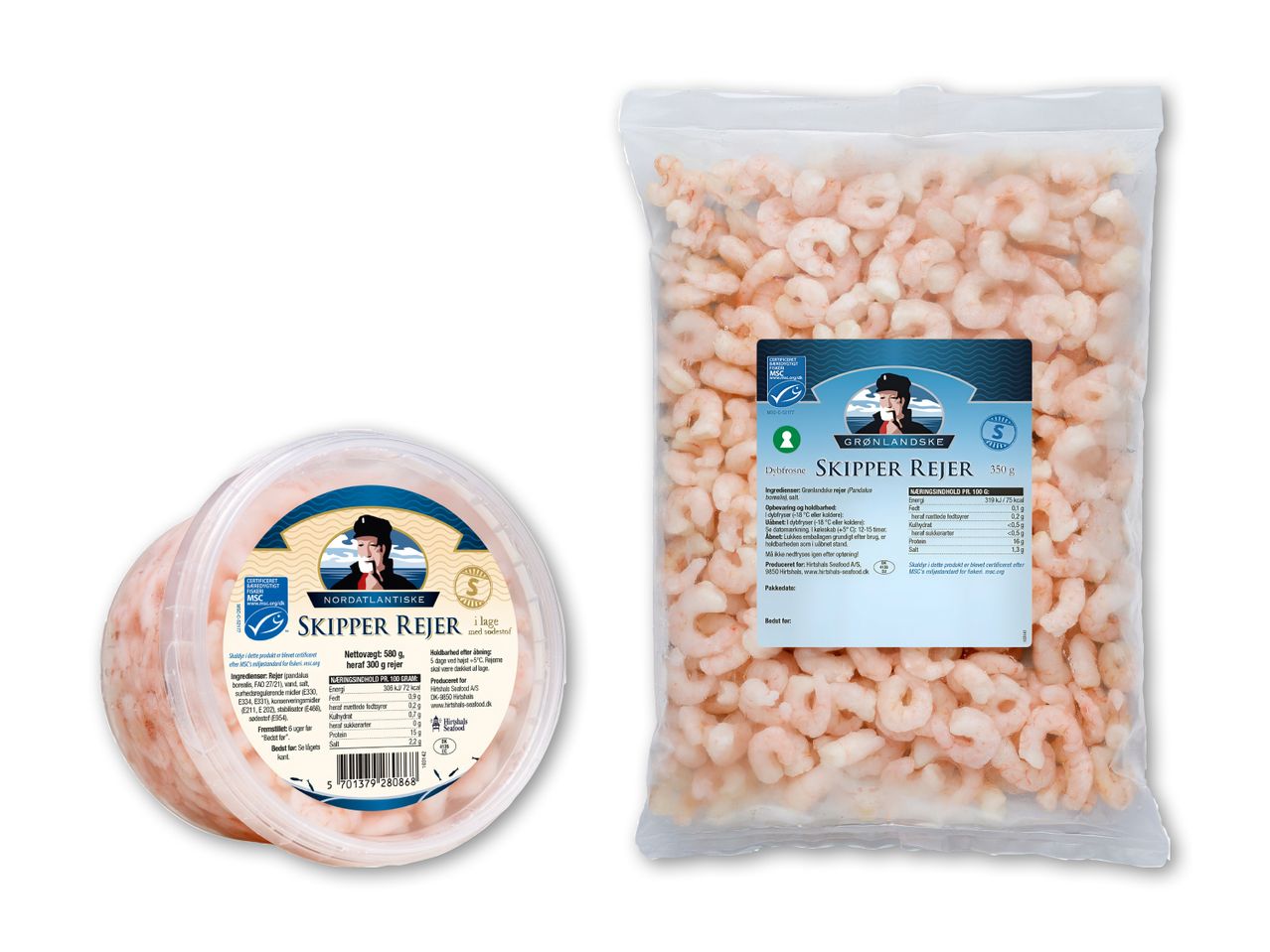 To pakker med frosne rejer, en i en gennemsigtig pose og en i en rund plastbeholder.