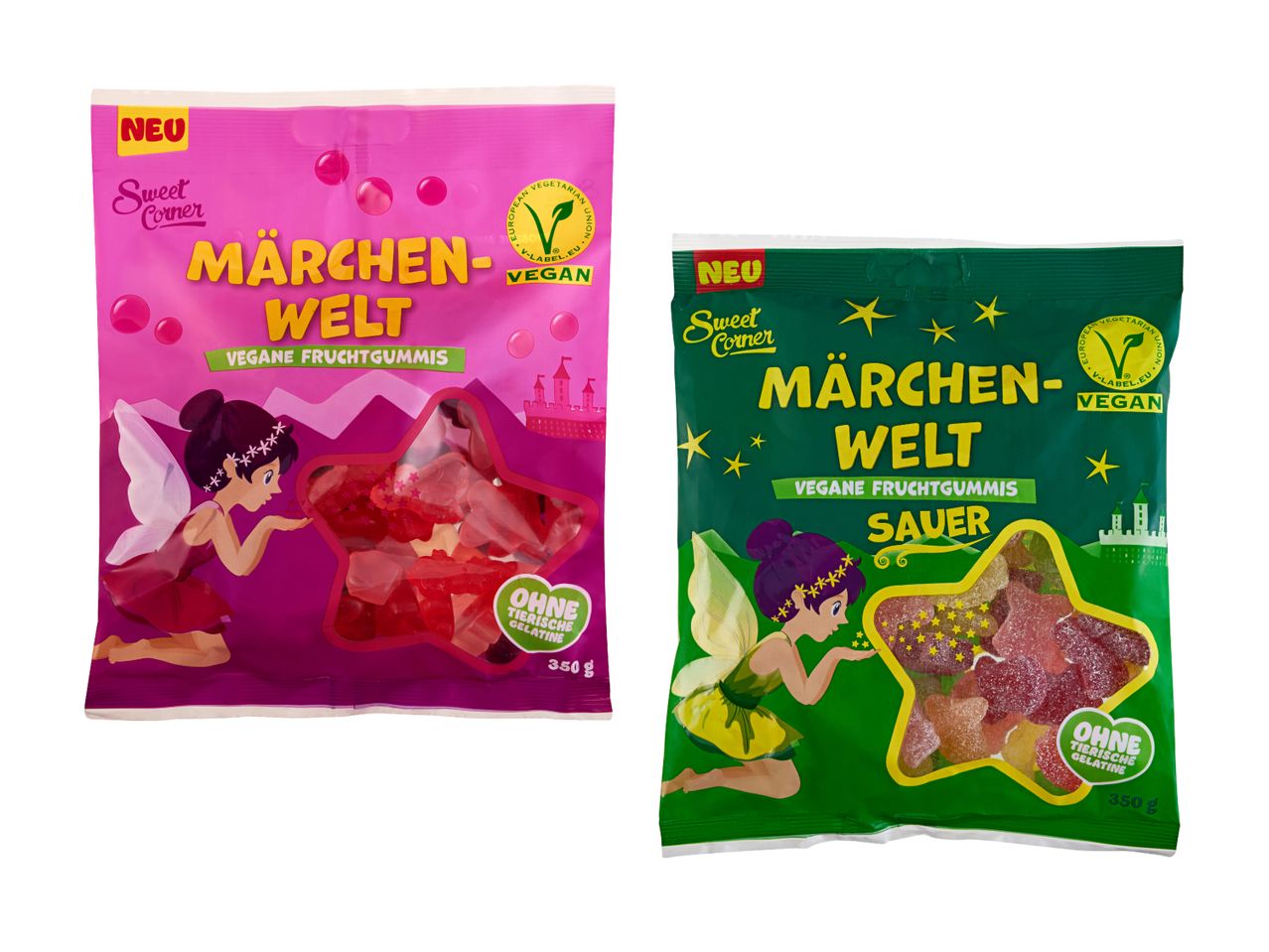 Zwei Beutel Marcher-Welty Gummibärchen, Himbeer- und Ananasgeschmack, sternförmig.