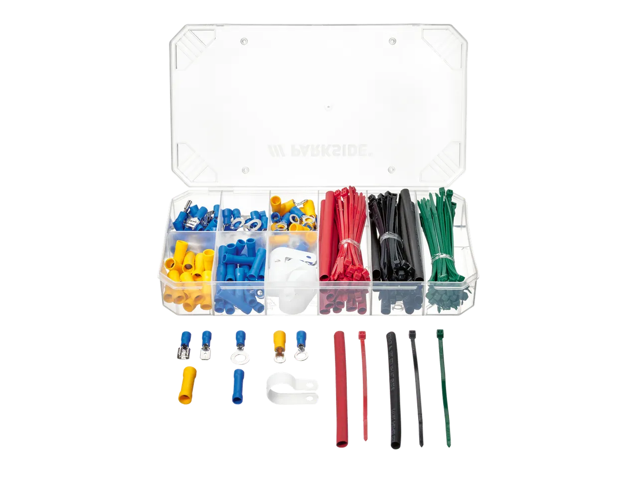 Conjunto de fixação PARKSIDE com conectores, tubos termorretráteis e abraçadeiras.