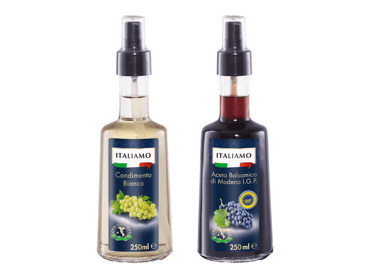 Kaksi Italiamo-pulloa, toinen valkoista ja toinen tummaa balsamicoa.