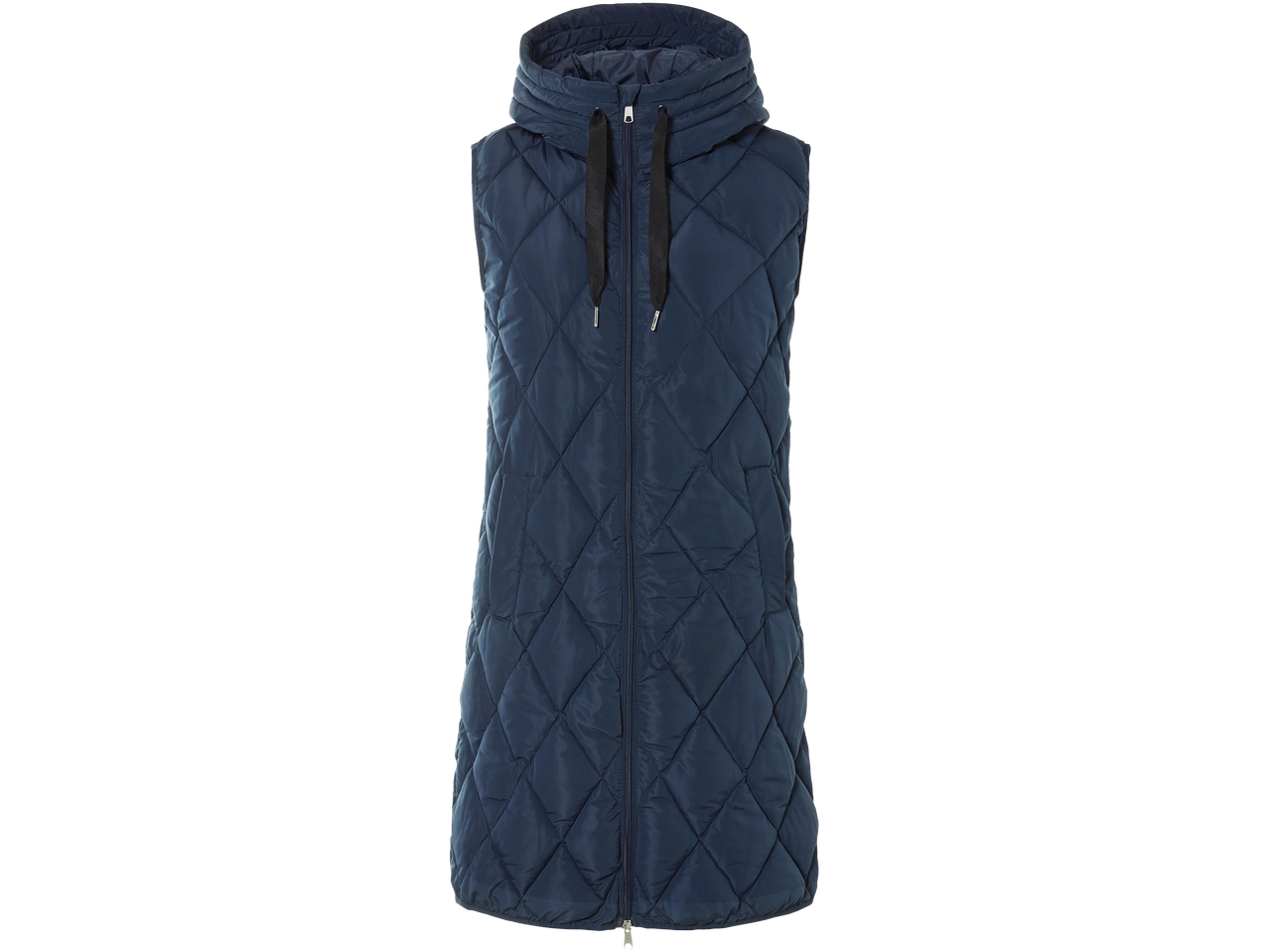 Sötétkék, hosszú, steppelt mellény kapucnival és cipzárral.