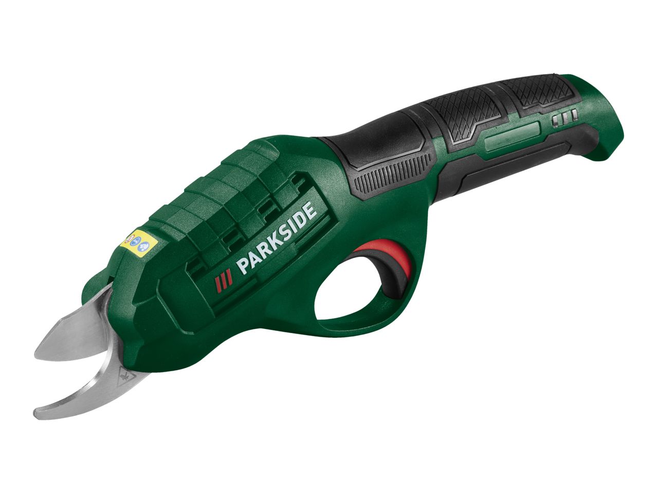 Green and black electric pruning shears with a red trigger button.