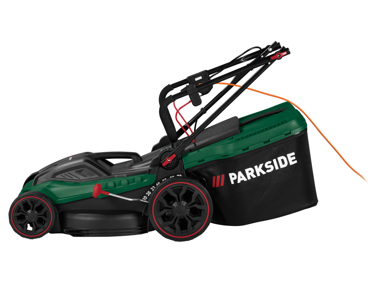 Parkside 1800W Electric Lawnmower with grass collection bag, side view.