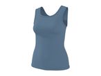 Close-up of a blue ribbed tank top for women, featuring a scoop neck and fitted silhouette.