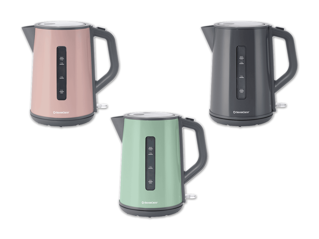 Drei SilverCrest Wasserkocher in Rosa, Grau und Mintgrün.