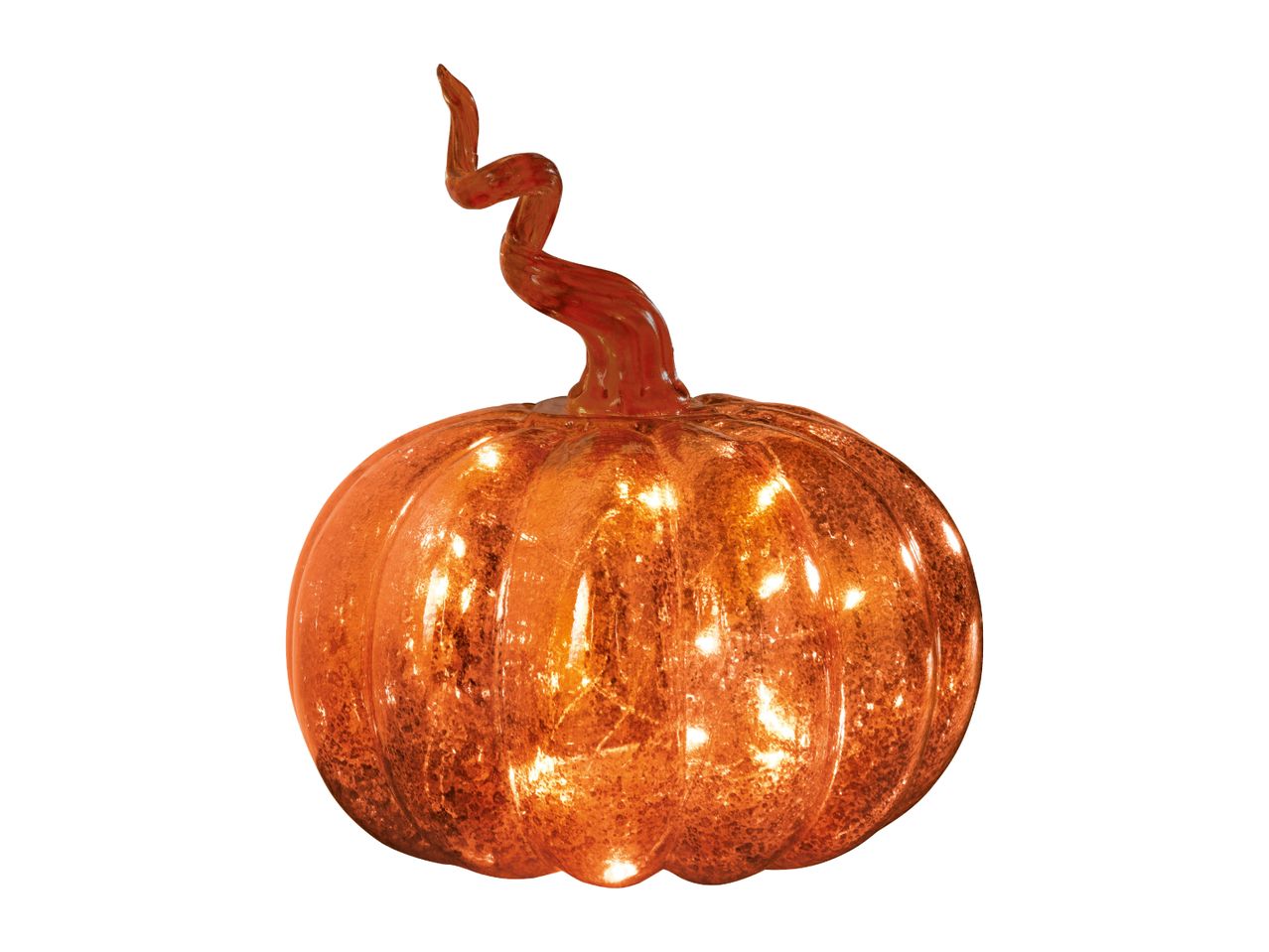 Light-up glass pumpkin decoration with a curly stem